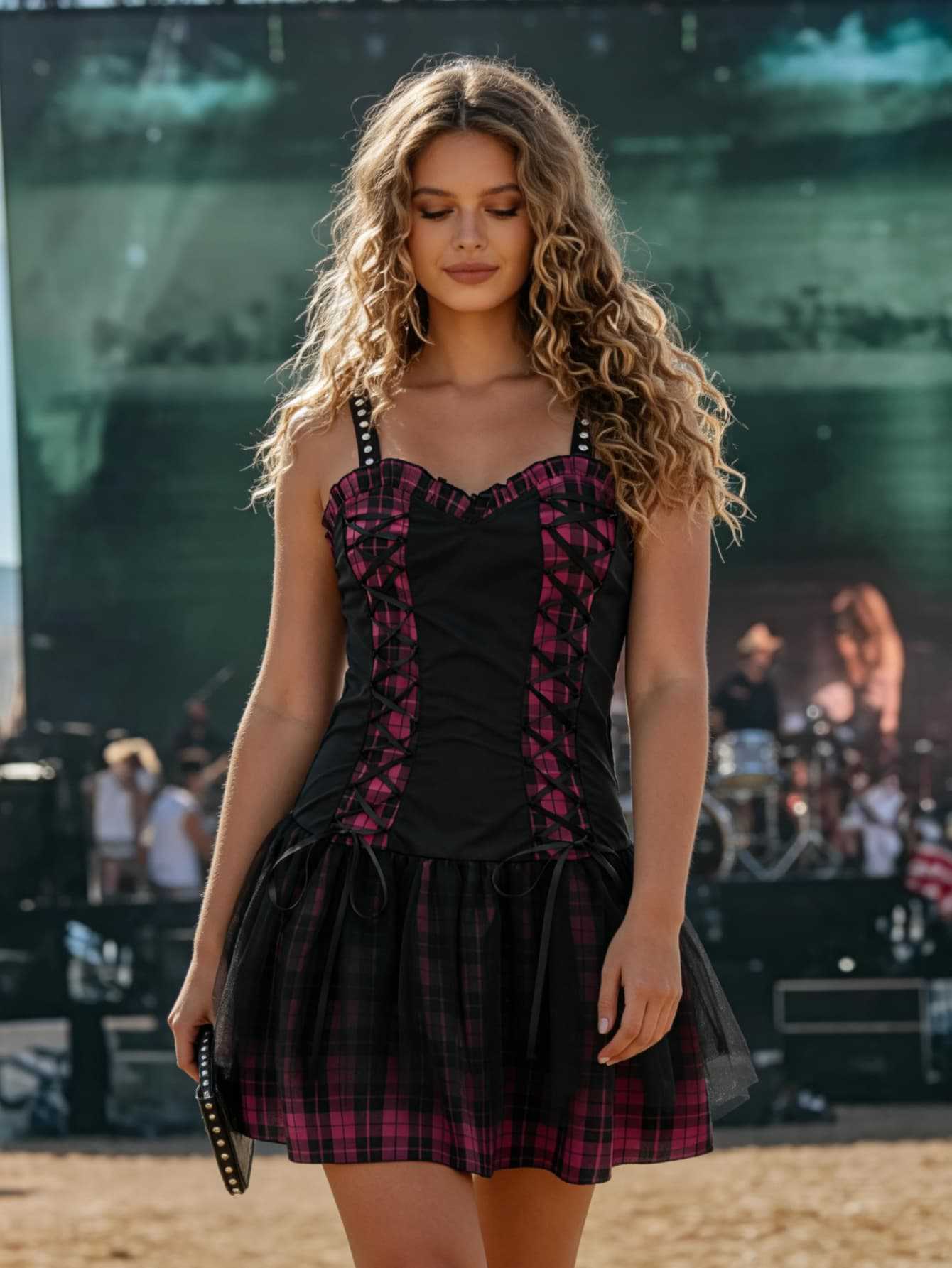 

European and American style summer new plaid suspender dress female slim Spice Girl short retro versatile A-shaped dress XS чёрный