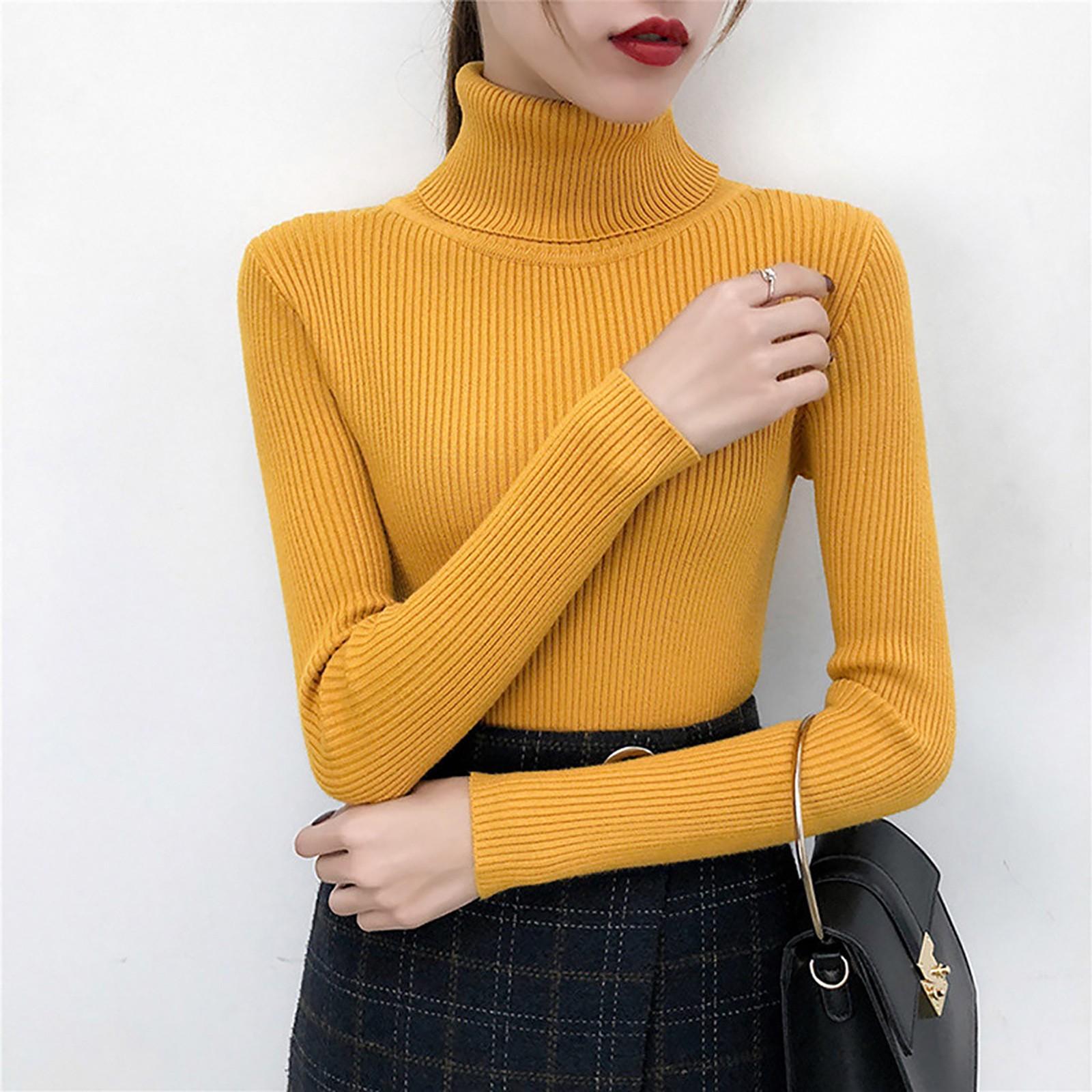 

Women s Fashion Long Sleeve Turtleneck Solid Color Sweater Sheep Fleece Loose Knit Pullover Top жёлтый