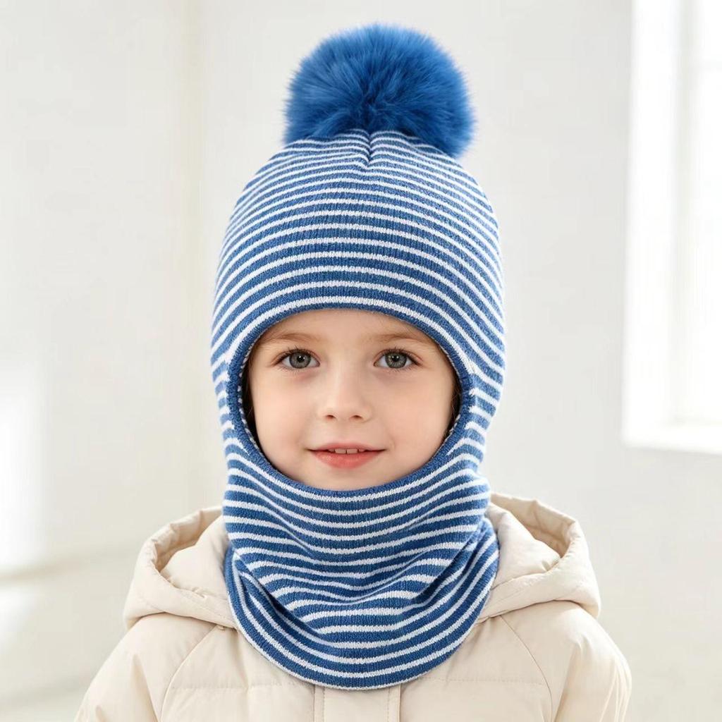 Fashion Striped Baby Beanies Hat Winter Warm Face Cover Knit Neck Protection Pullover Cap Toddler Kids Windproof Balaclava Hat