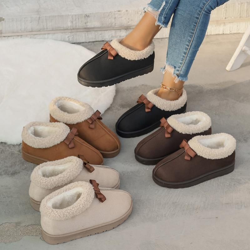 Autumn and Winter New Round Head Bow Cover Foot Wool Cotton Shoes Women's Cross-border Warm and Velvet Short Snow Boots