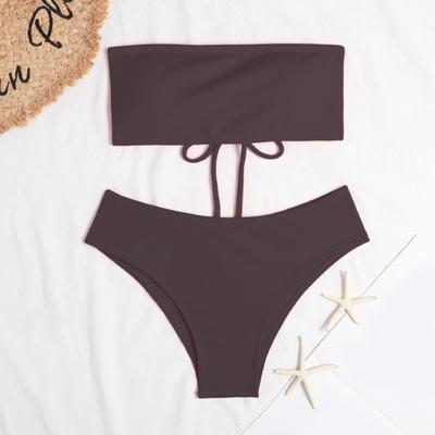 2 Piezas/Set Bikini de Color Sólido con Cordones en la Espalda Set Bandeau Dos Sujetador Braguitas de Corte Alto