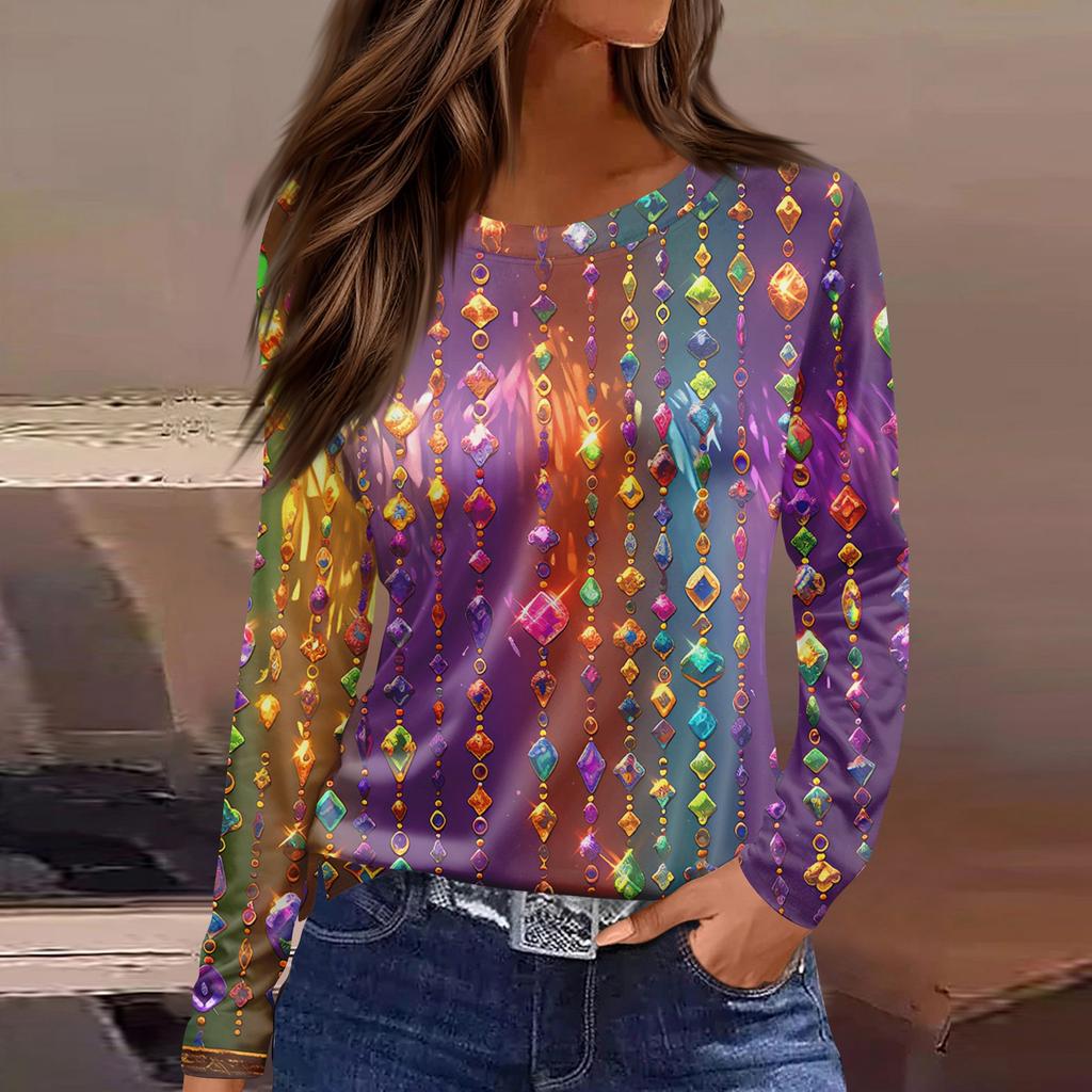 Damska modna, swobodna koszulka z rozcięciem u dołu, okrągłym dekoltem, długim rękawem i luźnym nadrukiem