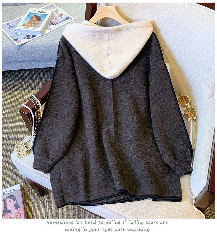 Dubbelsidig Huvförsedd Ullstickad Patchwork Smal Kofta