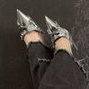 Silver High Heels Sandals Women Summer 2024 Punk Goth Pointed Toe Party Shoes Woman Metallic Thin Heeled Dress Pumps Ladies