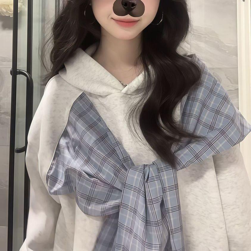 Women s Retro Bow Tie Hooded Sweatshirt - Trendy Loose Fit for AutumnWinter M 85-100 lbs 2750₽