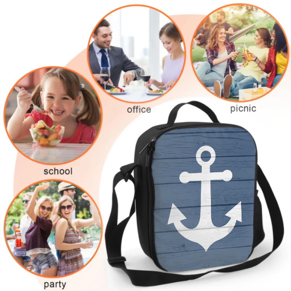 Nautical Anchor Insulated Lunch Box Reusable Portable Cooler Bag with Adjustable Shoulder Strap for Work School Picnic Travel