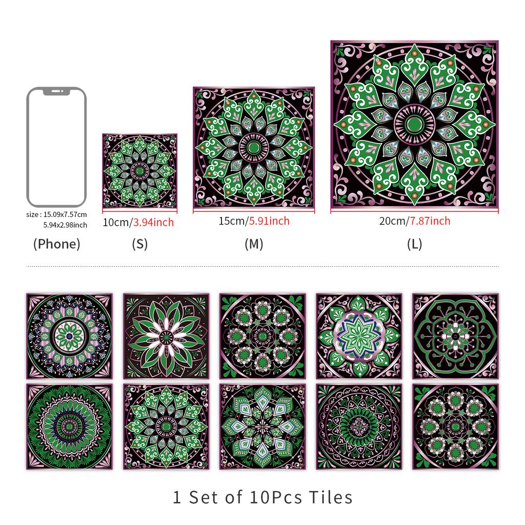 10 Pieces Of Mandala Flower Brick Self-Adhesive Wall Sticker Waterproof Oil-Proof Kitchen Living Room Wall Decoration European Crystal Tile Sticker