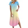 Women's Long Skirt Casual V-neck Long Shirt Dress Loose Slit Holiday Short Sleeve Dress