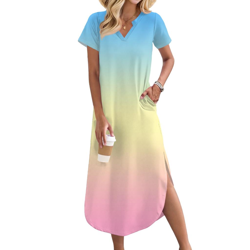 Women's Long Skirt Casual V-neck Long Shirt Dress Loose Slit Holiday Short Sleeve Dress