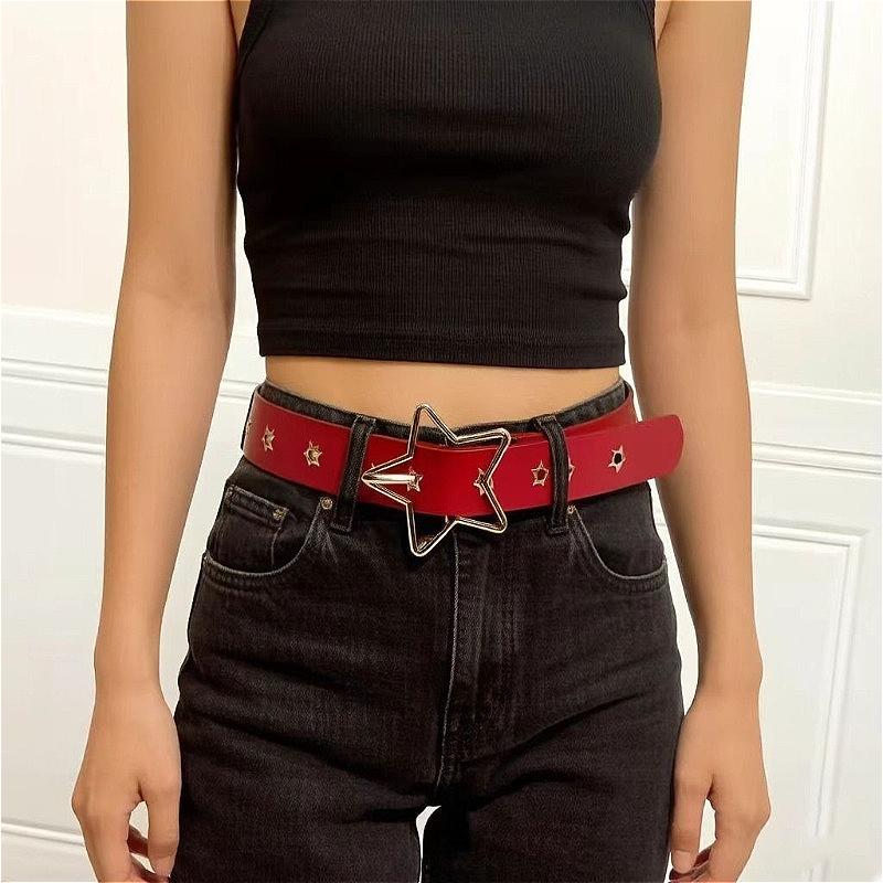 New Punk-Style Niche Studded Aesthetic Star-Patterned Perforated Leather Bel American-Style Trendy Wide Belt for Women's Jeans