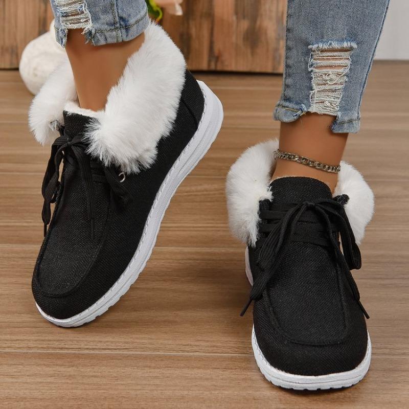 Low-top Lace-up Cotton Shoes Women's Autumn and Winter Round Head Plush Mouth Flat-bottomed Snow Boots Wish Source
