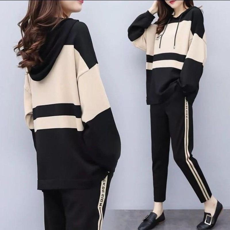 Costum ocazional, cu glugă, cu glugă, cu gât rotund, pantaloni casual în nouă puncte, două piese, femei