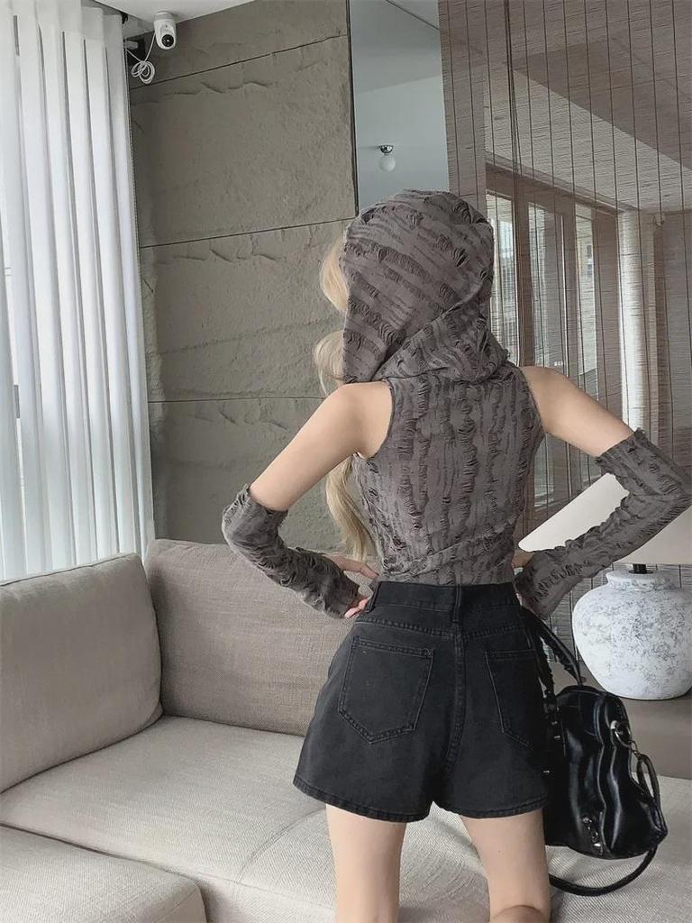 Tílka s kapucí a krátkým rukávem v pustinném stylu pro ženy - Jarní/letní sladké horké dívčí tílko