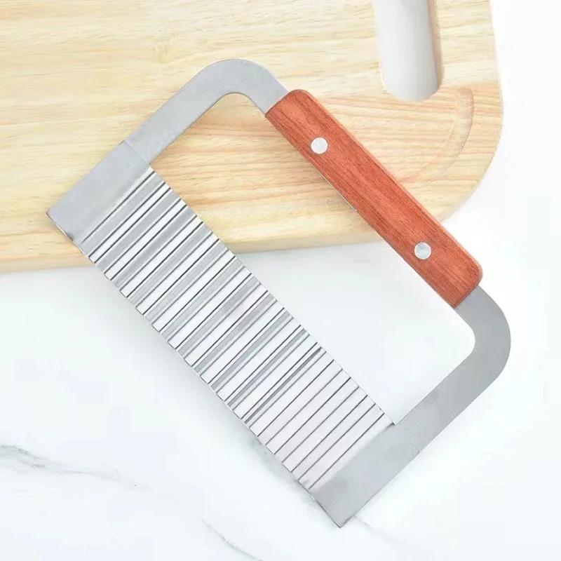Stainless Steel Wave with Wooden Handle Wolf Teeth Potato Slicer For Potato Chip Cutting Kitchen Chopper Tool Accessories