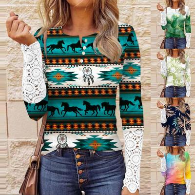 Women's Round Neck Autumn Slim Printed Stitching Lace Long Sleeve Top