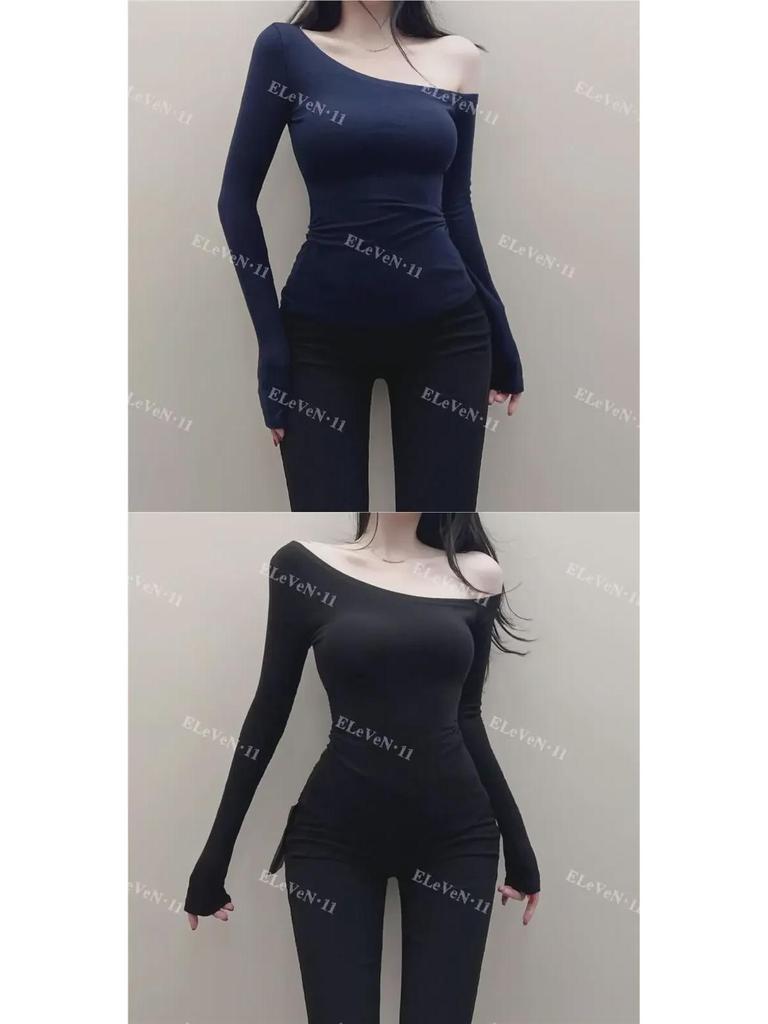 Korean Style Sexy Off-Shoulder Slim Fit Long-Sleeve T-Shirt for Autumn/Winter