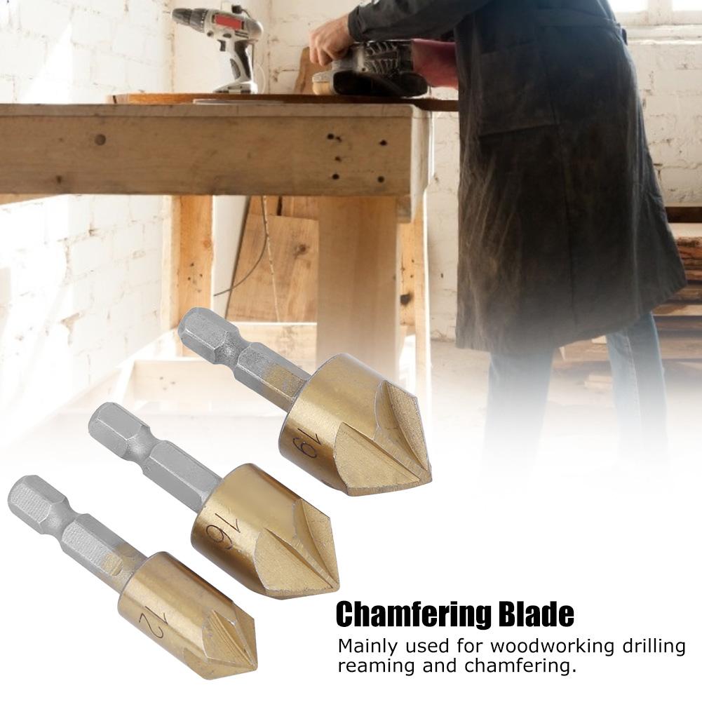 3 buc Freză teșitoare unealtă pentru prelucrarea lemnului oțel rapid aur tijă hexagonală 5 fluiere 90 de grade 12mm19mm