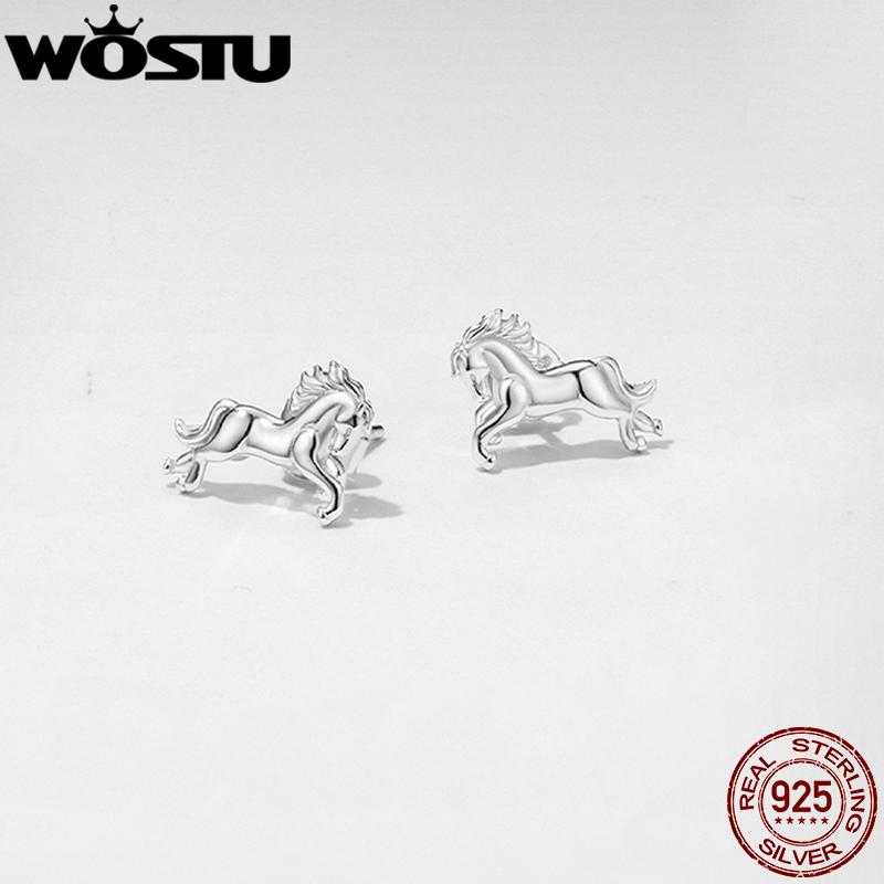WOSTU Real 925 Sterling Silver Horse Heart Chain Bracelet Stud Earrings For Women S925 Silver Unique Horse Lover's Gift Set