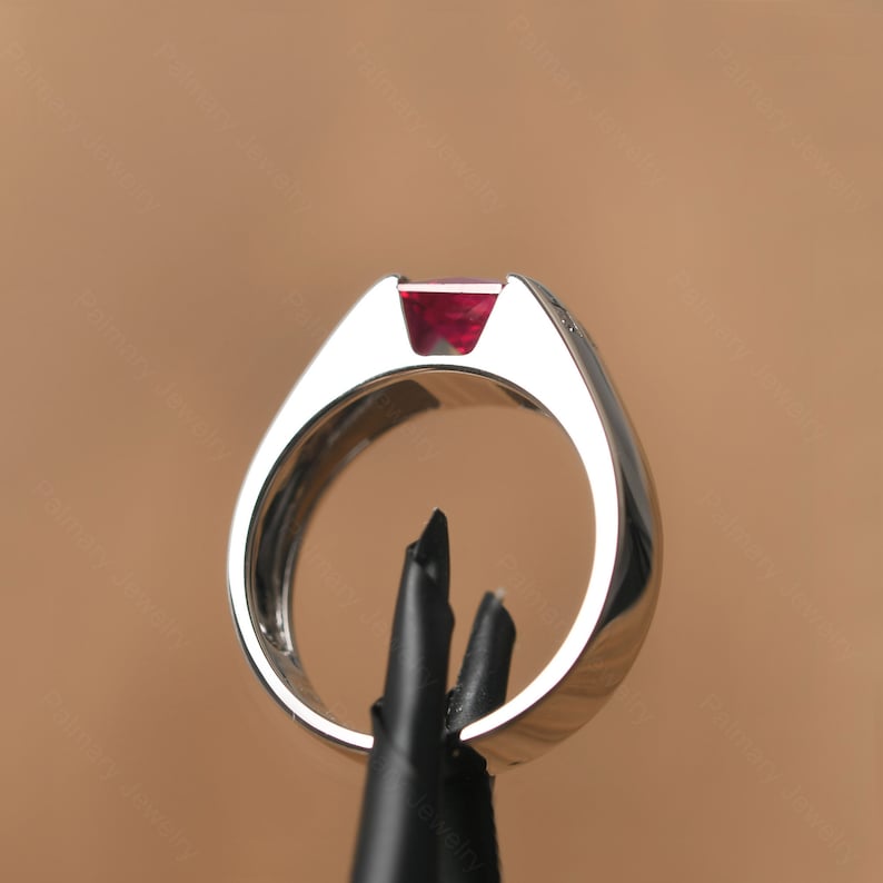 Women's 925 Sterling Silver Ring Princess Cut Red Ruby Gemstone Statement Band For Engagement & Anniversary Wear