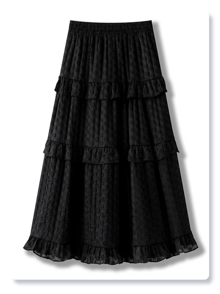 Damen Weißer Jacquard Pünktchen Rüschen Midi Rock - Sommer 2025 A-Linien Schirmdesign