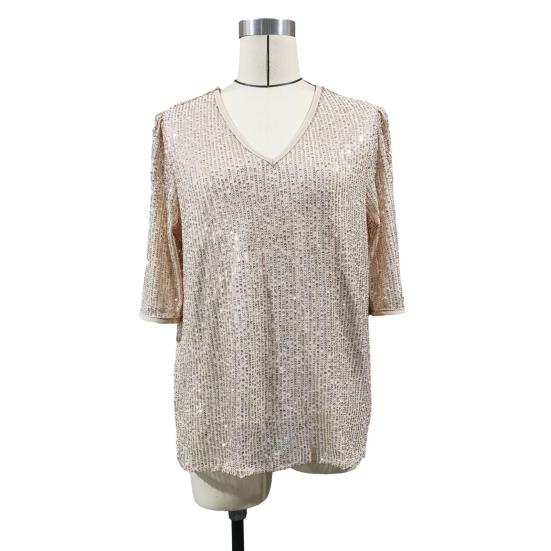 Women T-shirt V-Neck Short Sleeve Shiny Sequins Tee Shirt Loose Fit Summer Sexy Tops Holidays Parties Wear