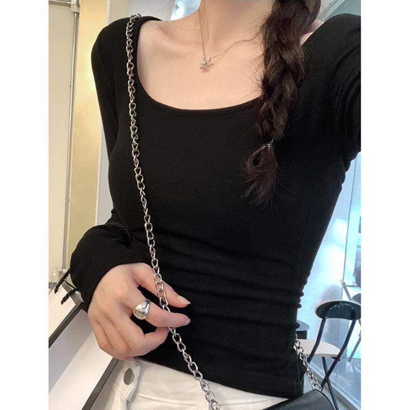 Women's Spring Slim-fit Sweet and Spicy Versatile Long-Sleeve T-Shirt with Chest Pad Square Neck Leaky Clavicle Bottom Shirt