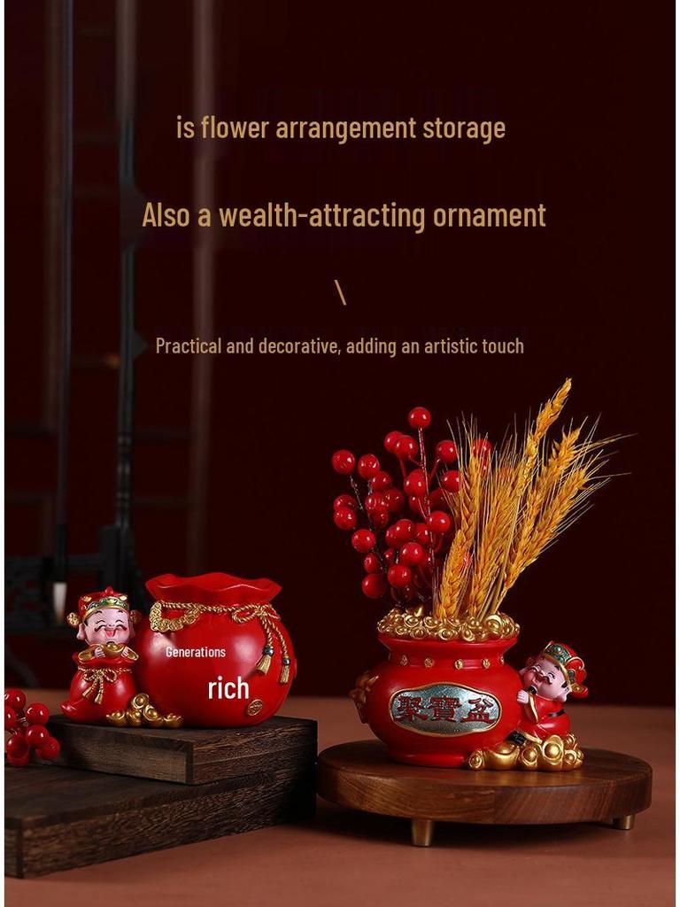 Fortune Piggy Bank: God of Wealth Pen Holder & Flower Arrangement - Lucky Bag Decor, Office Storage, New Year Gift