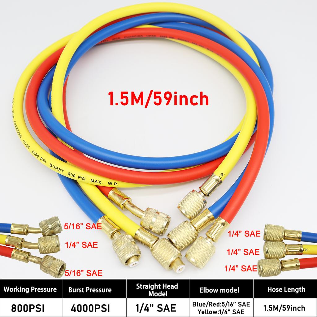 R410a Chladivo AC Nabíjecí Hadice Sada 3 Barvy 1/4" SAE-5/16 SAE Závit Pracovní Tlak 800-4000 PSI Vhodné pro R134a HVAC