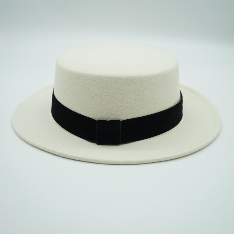 White Flat Top Small Brim Japanese French Retro British Elegant Velvet Woolen Top Hat Women'S Autumn And Winter Felt Hat
