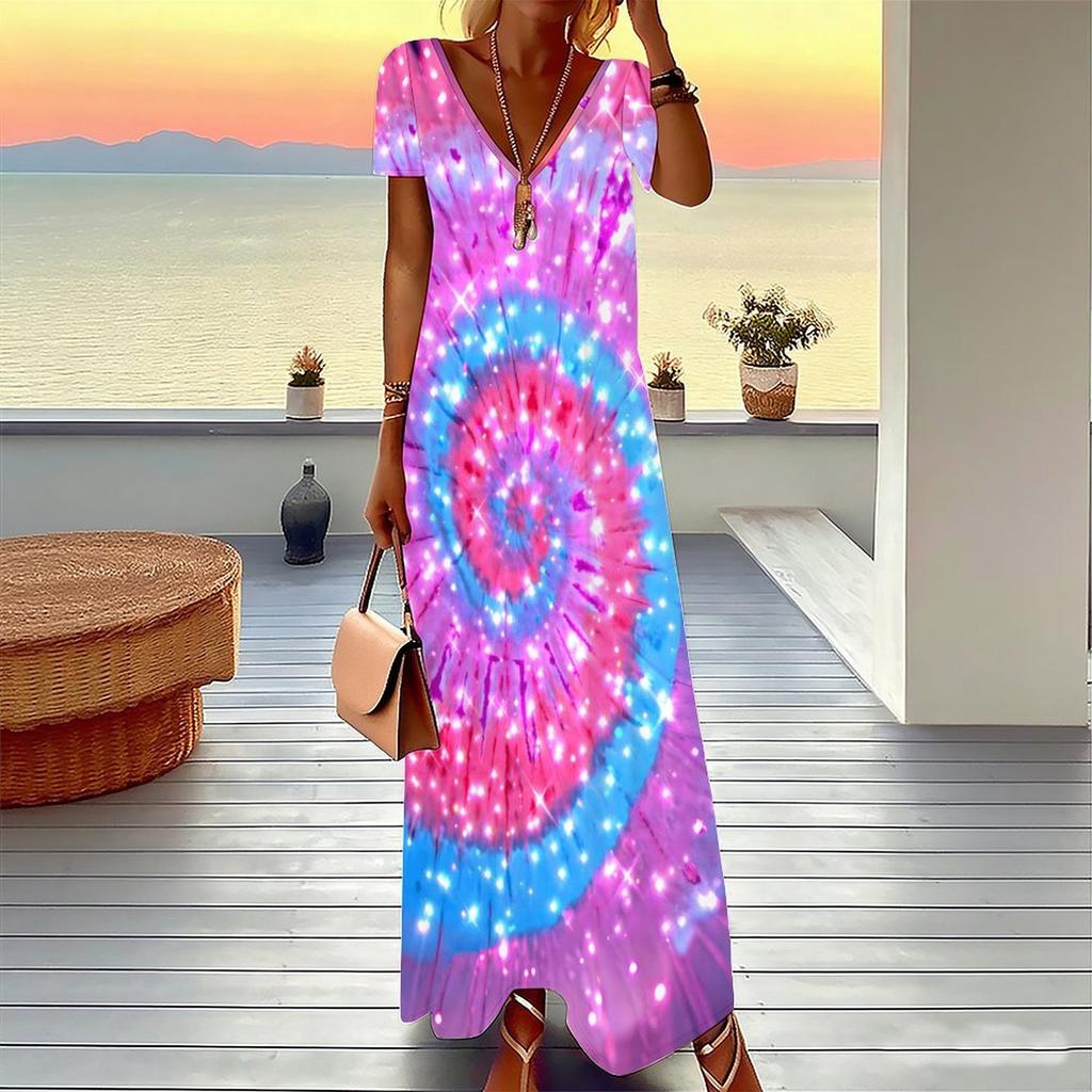 Women Plus Size V Neck Short Sleeve Maxi Dress Spiral Tie Dye Print Loose Summer Holiday Long Dress