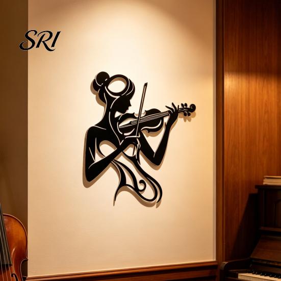 Small Wall Art 30x26cm Music Black 2D Flat Woman Playing Violin Silhouette Metal Piano Room Sculpture Feminine Decor for Studio Housewarming