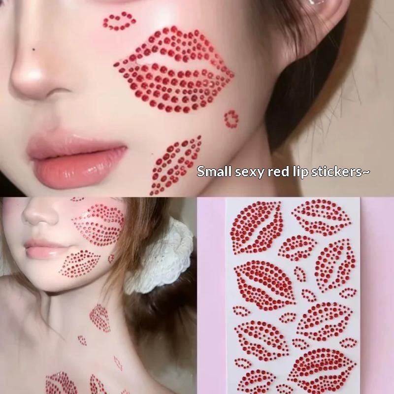 1 Sheet Sexy Realistic Lip Body Jewelry Sticker Kiss Red Lips Face Rhinestones Valentine'S Day Gem Temporary Tattoo Stickers