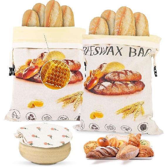 3-Pack Reusable Beeswax Bread Bags for Homemade Bread Sourdough, 2 Natural Beeswax 100% Linen Moisture-proof Lined Storage Bags with Buckle& 1 Bowl Bread print color