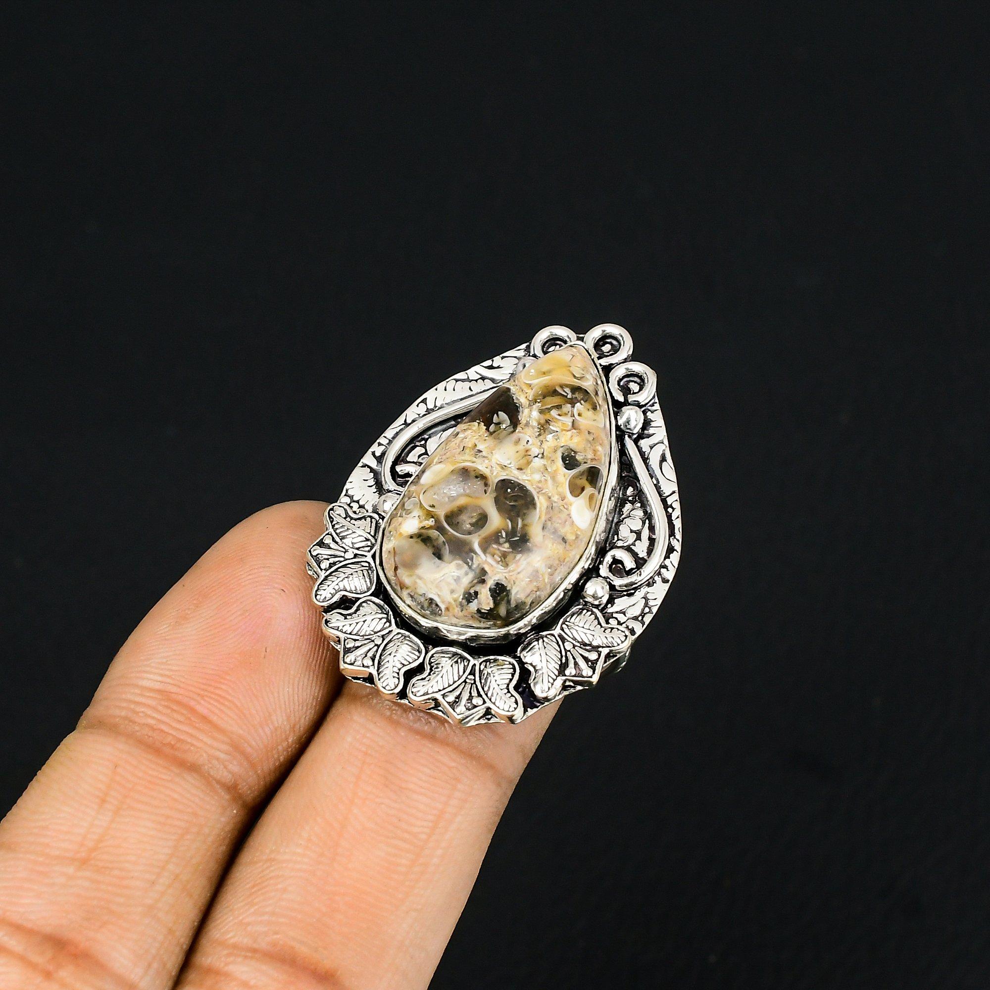 925 Silver Pear Turritella Agate Stone Unique Statement Wife Ring Jewelry Size 7 7
