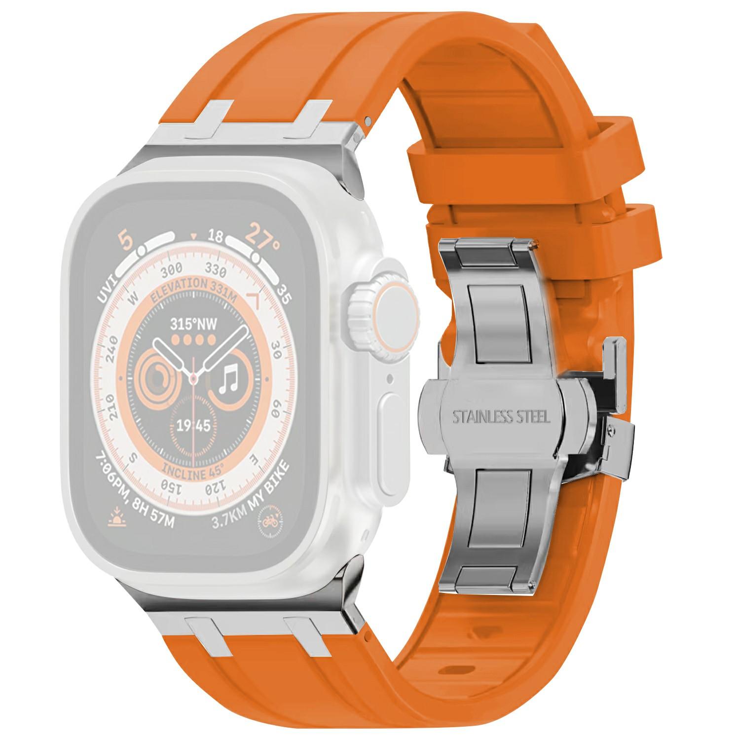 

For Apple Watch 10 46mm/Ultra 2/Ultra 49mm/9 8 7 45mm/SE (2023) SE (2022) SE 6 5 4 44mm/3 2 1 42mm Silicone Strap Butterfly Buckle Watchband Orange