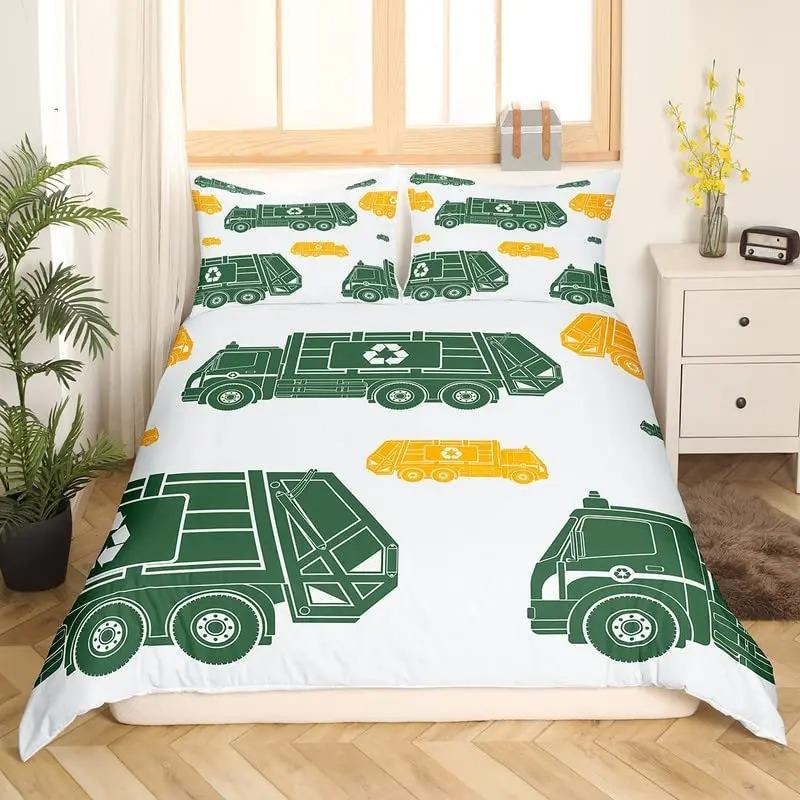 Cartoon Garbage Truck Duvet Cover Green Trash Truck Bedding Set Green Vehicle Car Comforter Cover Garbage Truck Toy Quilt Cover