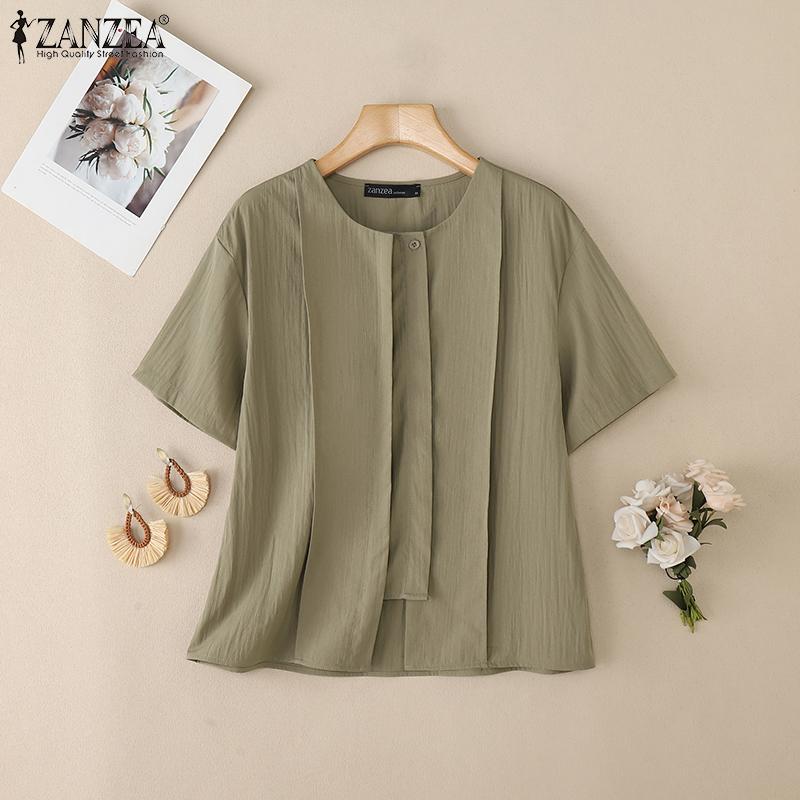 ZANZEA Women Casual Round Neck Solid Color Short Sleeve Blouse