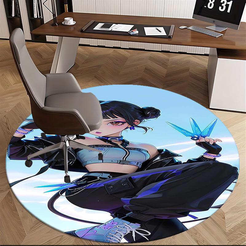1 Stück Anime-Design Runder Teppich - Bürostuhlmatte mit Blauem Scheren-Aufdruck, Geeignet für Heimdekoration, Gaming-Zimmer