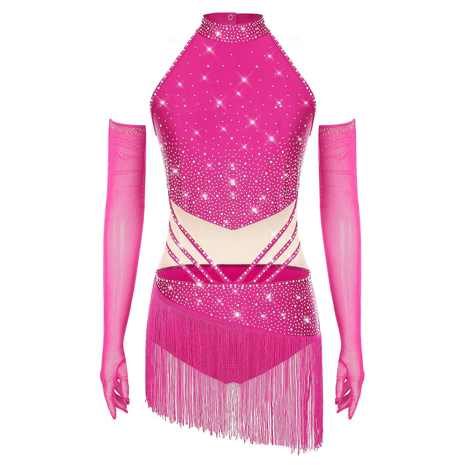 

Жіночий костюм для фігурного катання, безрукавний купальник, відкрита спина, спідниця з китицями, боді з сітчастими рукавичками, латинський комплект XS гарячі рожевого кольору