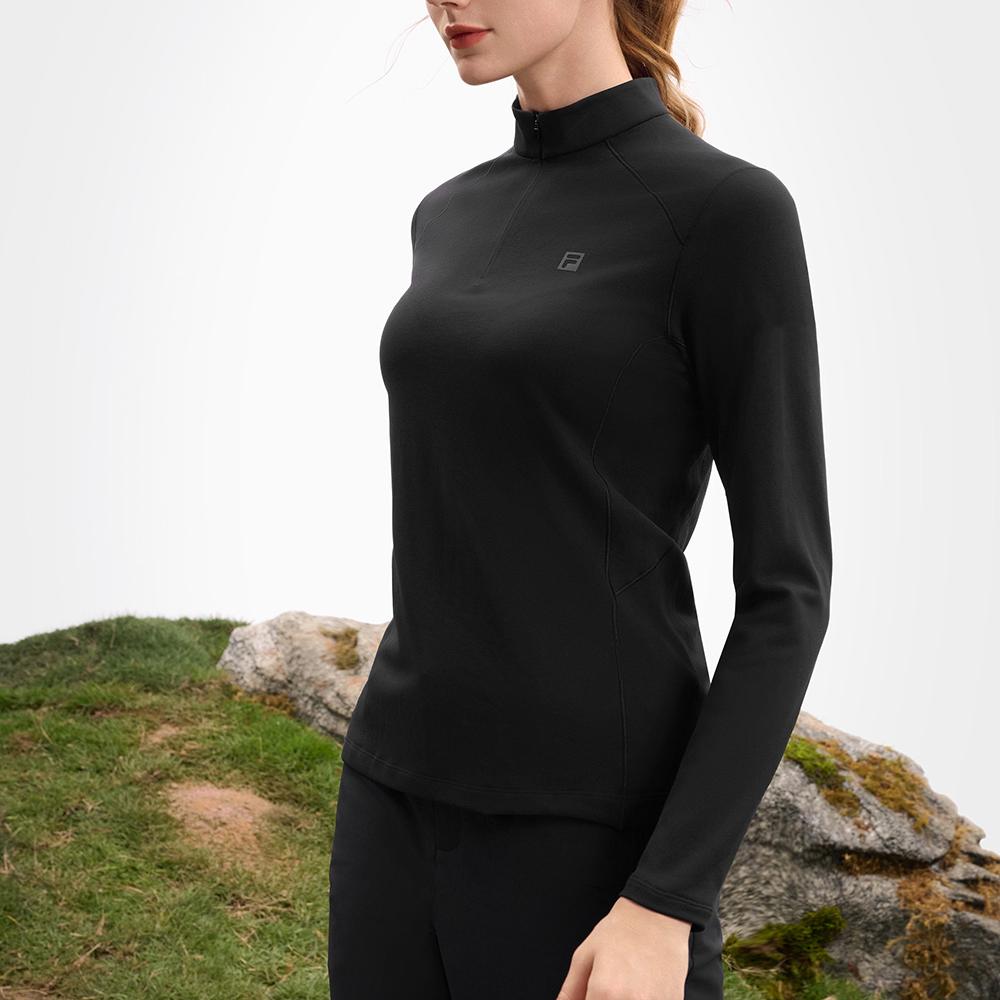 Fila Casual Stand Collar Half Zip Knit Long Sleeve T-Shirt Women Tops Deep-Black A11W517203FBK