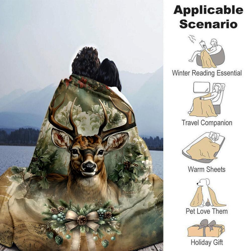 1pc Deer Christmas Blanket Lightweight Flannel Throw for Sofa Bed Travel Camping Livingroom Office Couch Chair