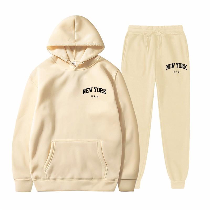 Men Women Streetwear Fleece Hoodie Set Fashion Pullover Long Two-Piece