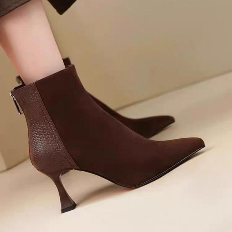 Fashion 2024 Spring and Autumn New Pointed Matte Leather Splicing Women's Rear Zipper Comfortable Bare Boots Single Boots for Women