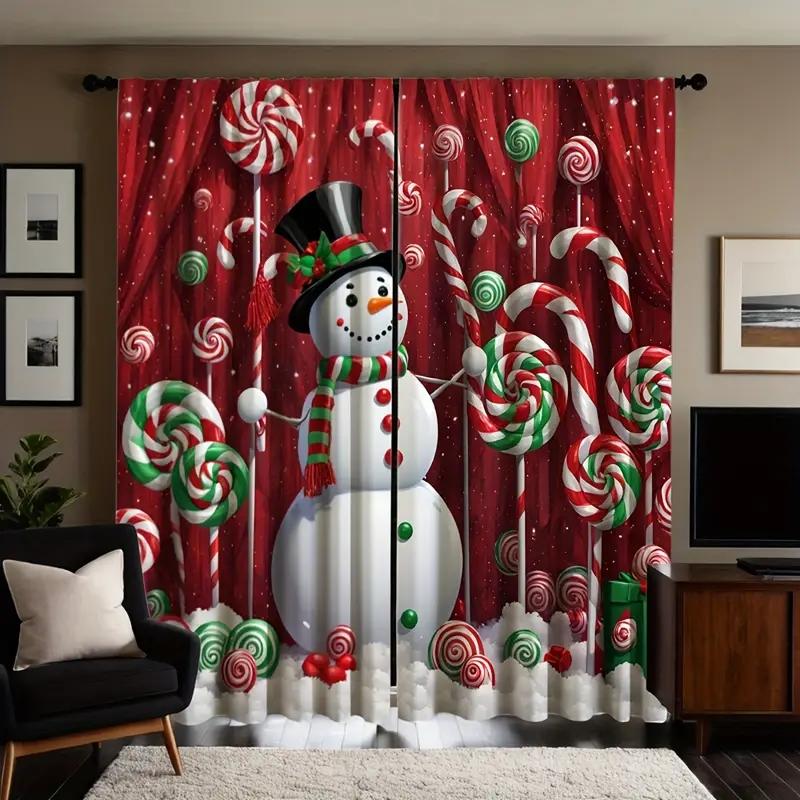 2pcs,Christmas Snowman,Red Cow Checkered Pattern With Rod Pocket Mount Digital Printed Curtains For Bedroom Living Room Kitchen