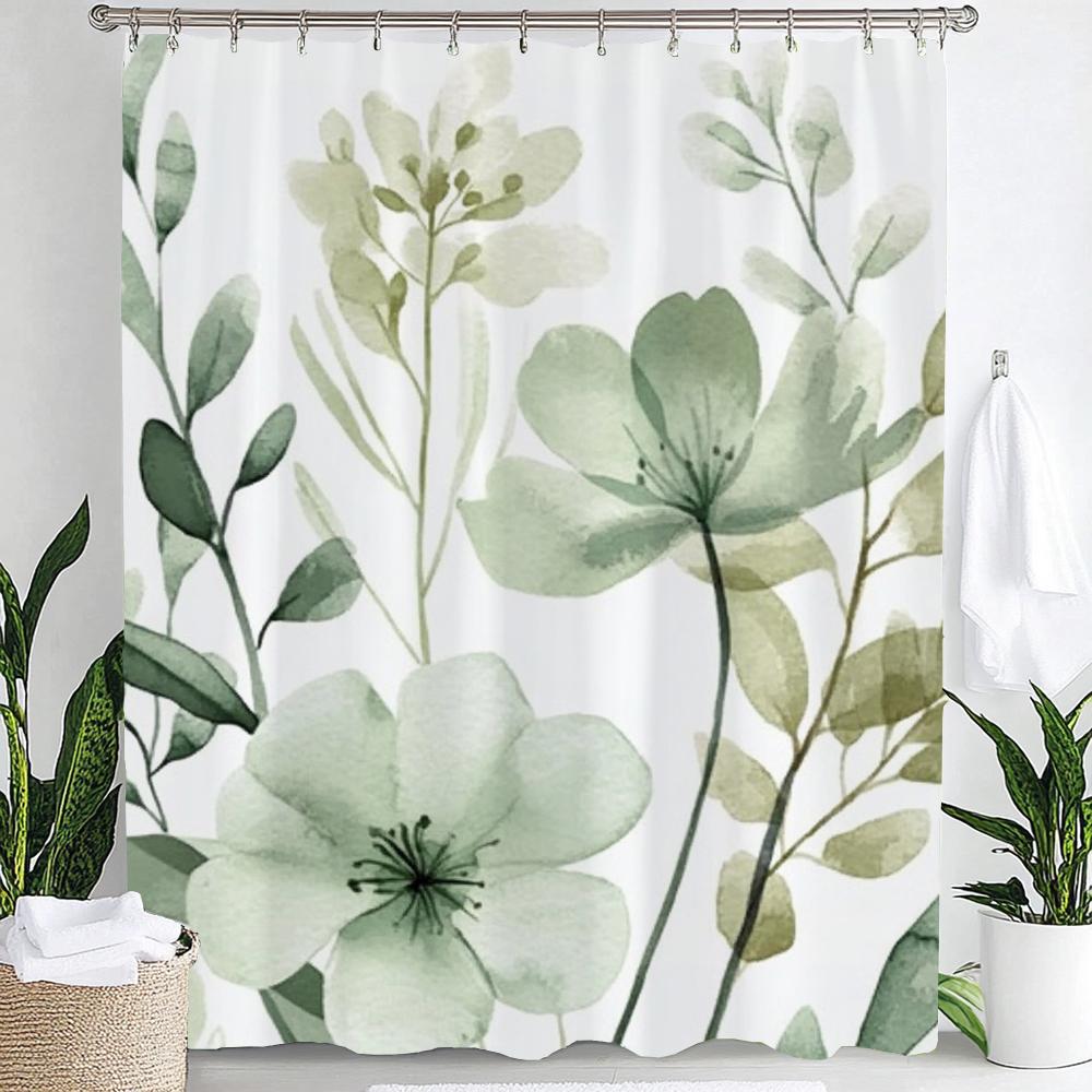 Watercolor Botanical Floral Leaf Shower Curtain, Floral Bathroom Decorative Shower Curtain, Print Fabric Home Curtain with Hooks