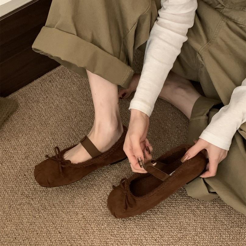 2025 autumn and winter new flat-bottomed bow velvet Mary Jane shoes women's warm ballet shoes lamb wool single shoes