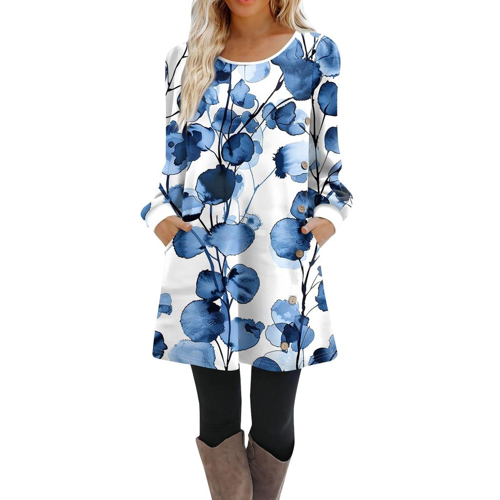 Damen Langarm A-Linien-Kleid Lässiger Pullover Mit Knopf Lockere Passform Kleid Mit Taschen