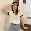 Design sense splicing short-sleeved T-shirt women's summer Korean women's clothing short high-waisted contrasting slim-fit top, fashion clothing