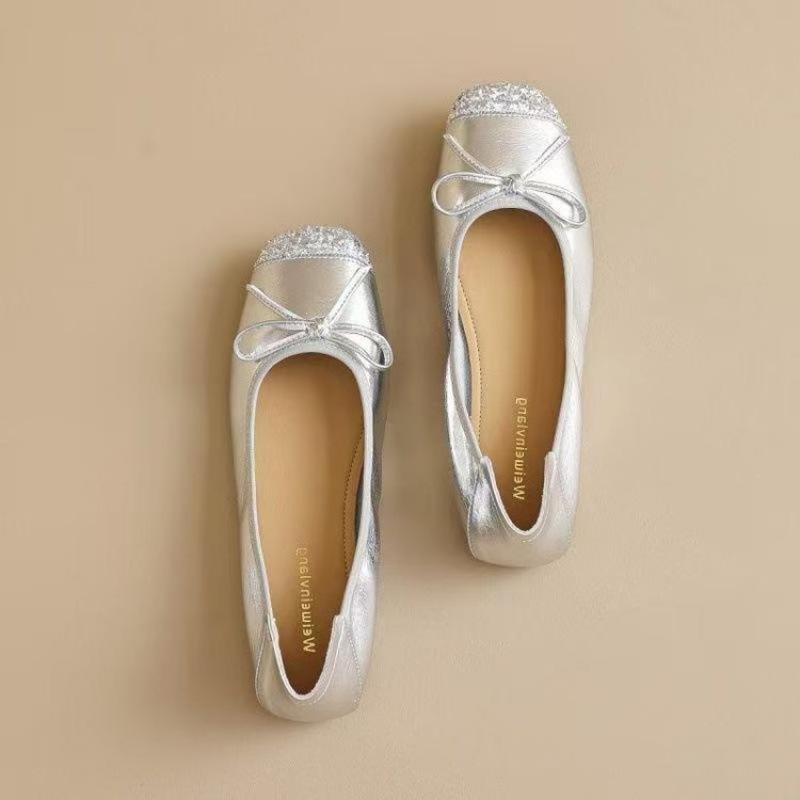 Xiaoxiangfengba French Mary Jane PU Bow One Pedal Light Mouth Muffin Bottom Low Heel Round Head Low Top Shoes Rubber