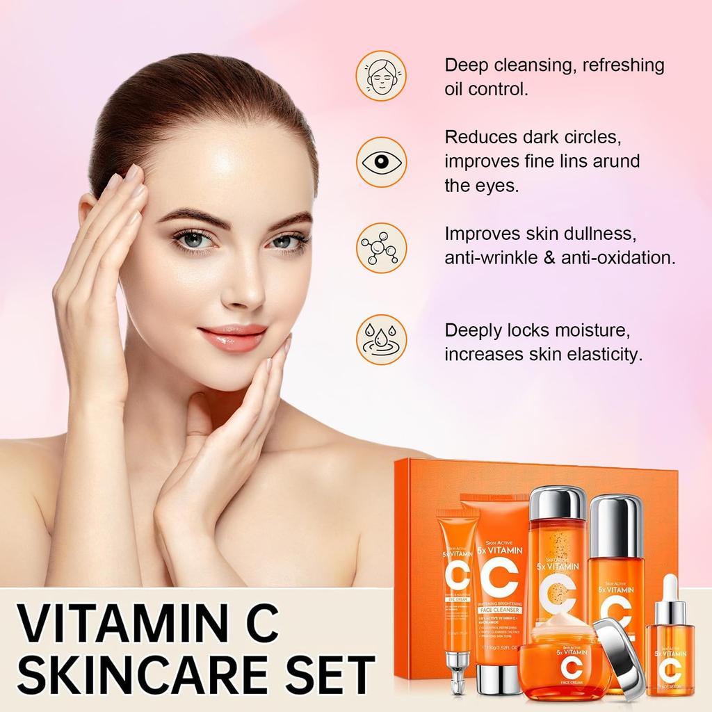Vitamin C Skin Care Set, 6-in-1 Skin Care Set, Cleanser, Toner, Essence, Moisturizer, Eye Cream and Body Lotion, Anti-aging, Anti-wrinkle